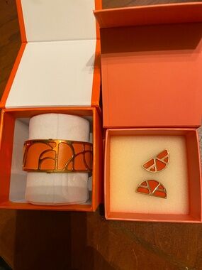 Gold-Tone Orange Enamel Cuff Bracelet and Stud Earrings Set